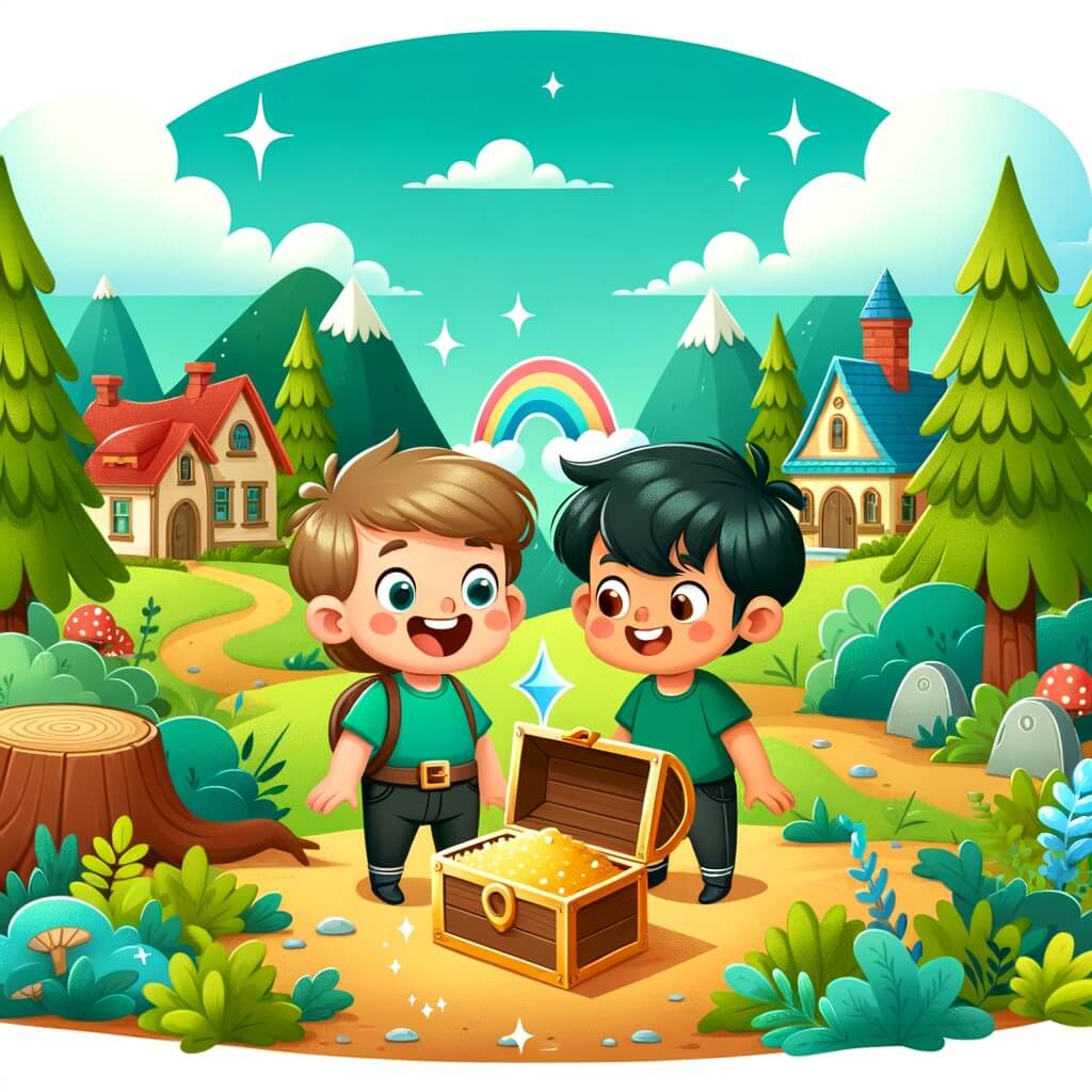 Une illustration destinée aux enfants représentant un niño pequeño, curieux et aventurero, qui découvre un trésor caché dans un bosque mágico, accompagné de son meilleur ami, dans un petit pueblo coloré entouré de montagnes verdoyantes et d'un ciel bleu azur.
