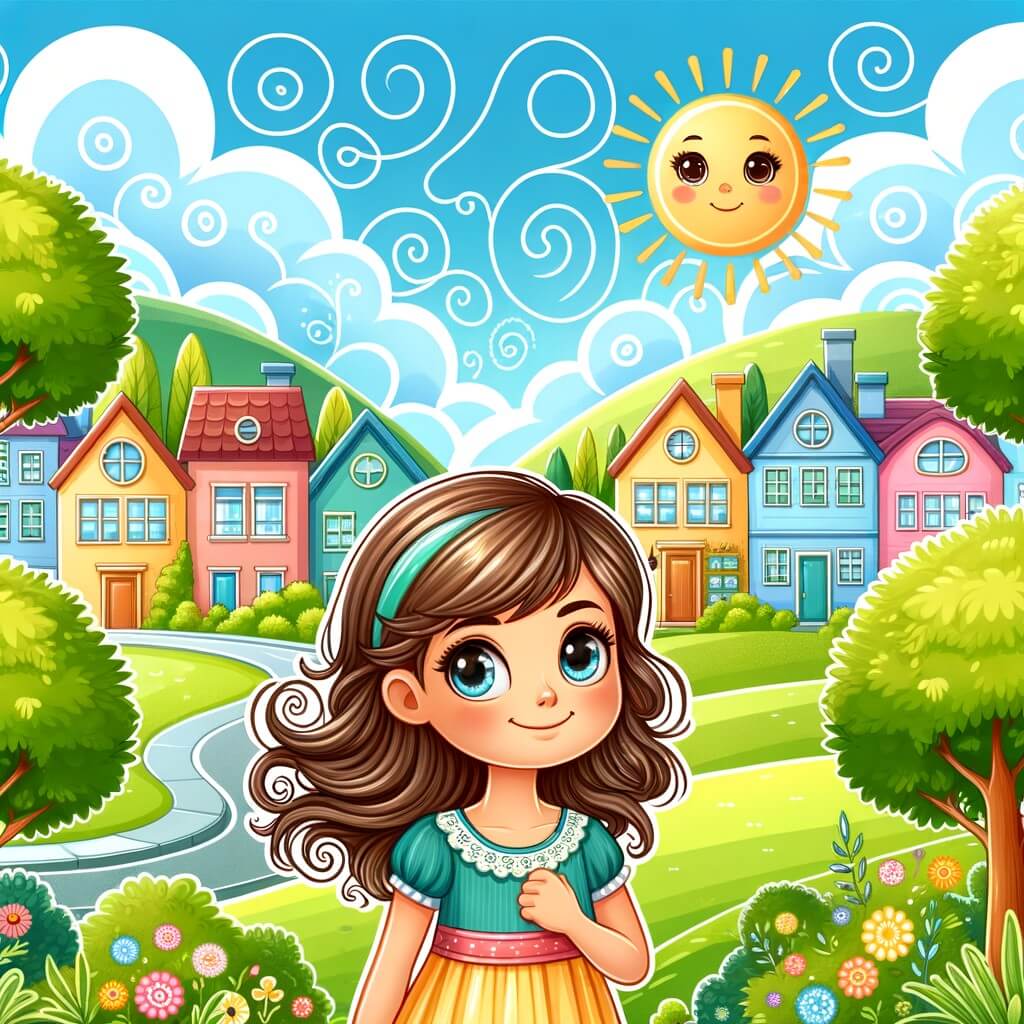 Une illustration destinée aux enfants représentant une petite fille aux yeux pétillants, se tenant fièrement au milieu d'un paisible quartier rempli de jolies maisons colorées, tandis que le soleil brille et des arbres verdoyants dansent joyeusement sous un ciel bleu azur.