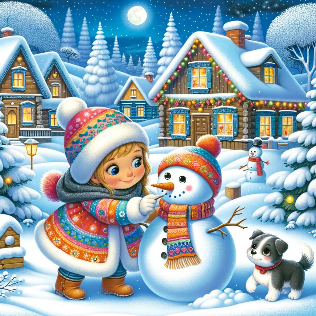 Une illustration destinée aux enfants représentant une niña pequeña, enveloppée dans un manteau coloré, construisant un muñeco de nieve avec l'aide d'un perro juguetón, dans un paisible village enneigé où les maisons en bois sont décorées de guirlandes lumineuses et les arbres sont recouverts de manteaux blancs étincelants.