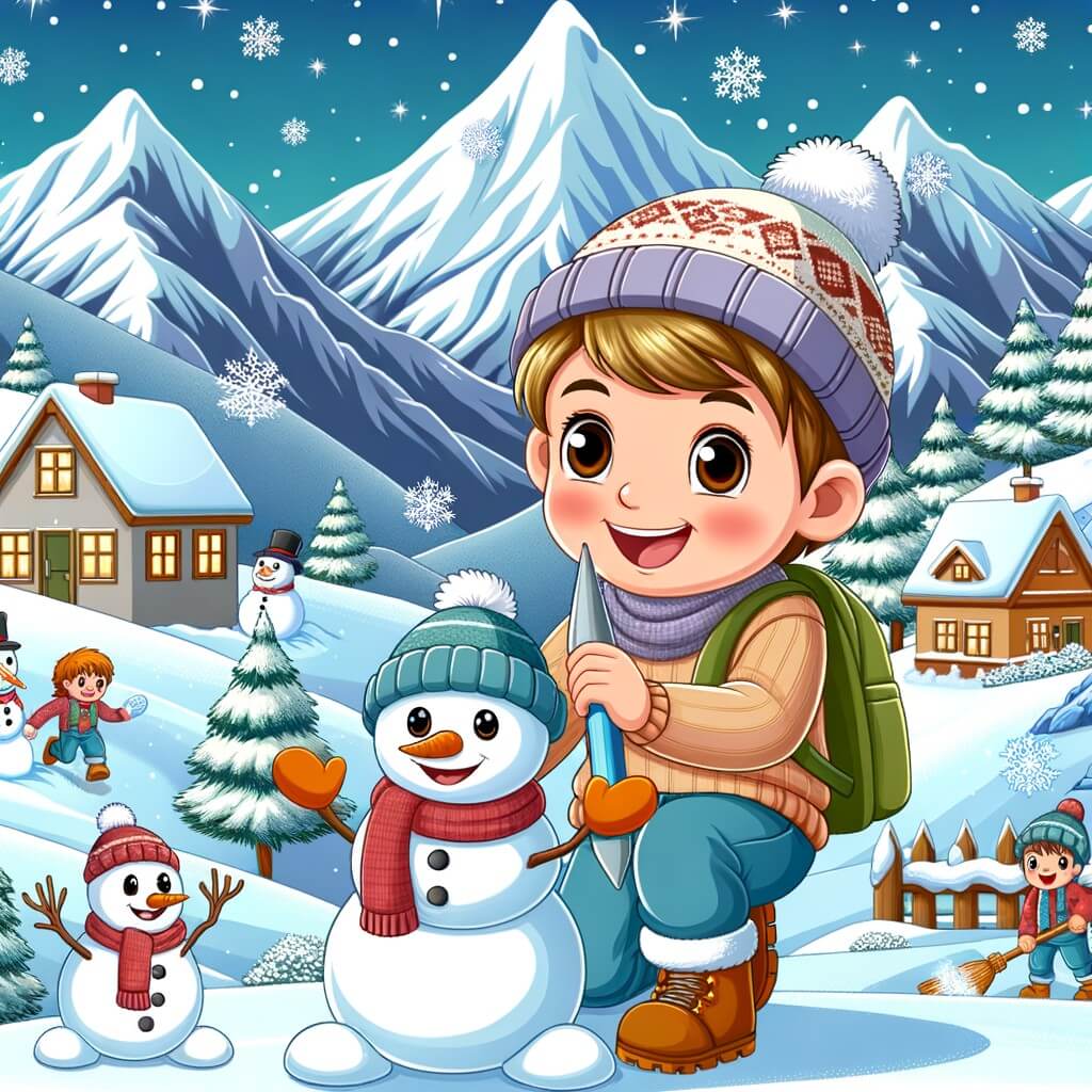 Une illustration destinée aux enfants représentant un niño pequeño avec un sourire radieux, jouant dans un village enneigé entouré de majestueuses montagnes, accompagné de son muñeco de nieve y de sus amigos, mientras disfrutan de las maravillas del invierno.