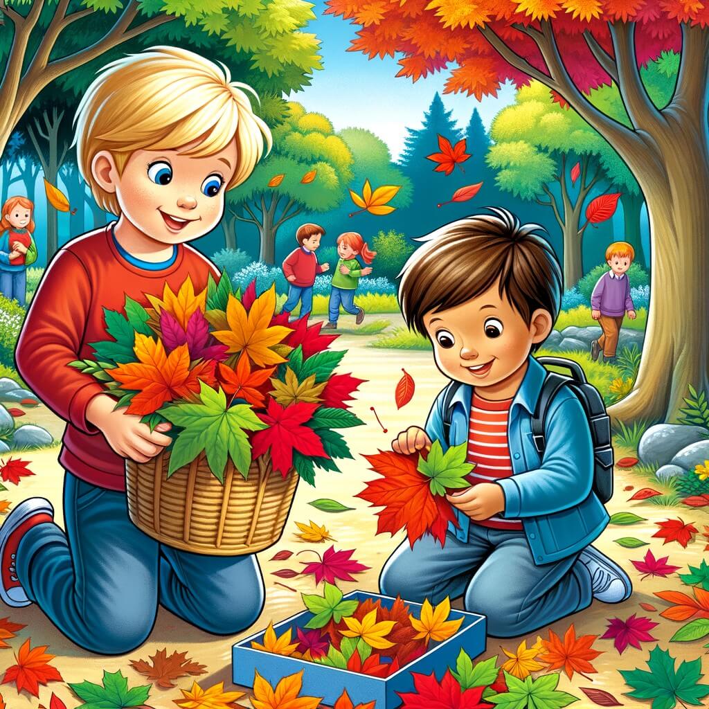 Une illustration destinée aux enfants représentant un petit garçon, accompagné d'un nouvel ami, dans un parc rempli d'arbres aux feuilles colorées, en train de collecter des feuilles d'automne pour créer un herbier.