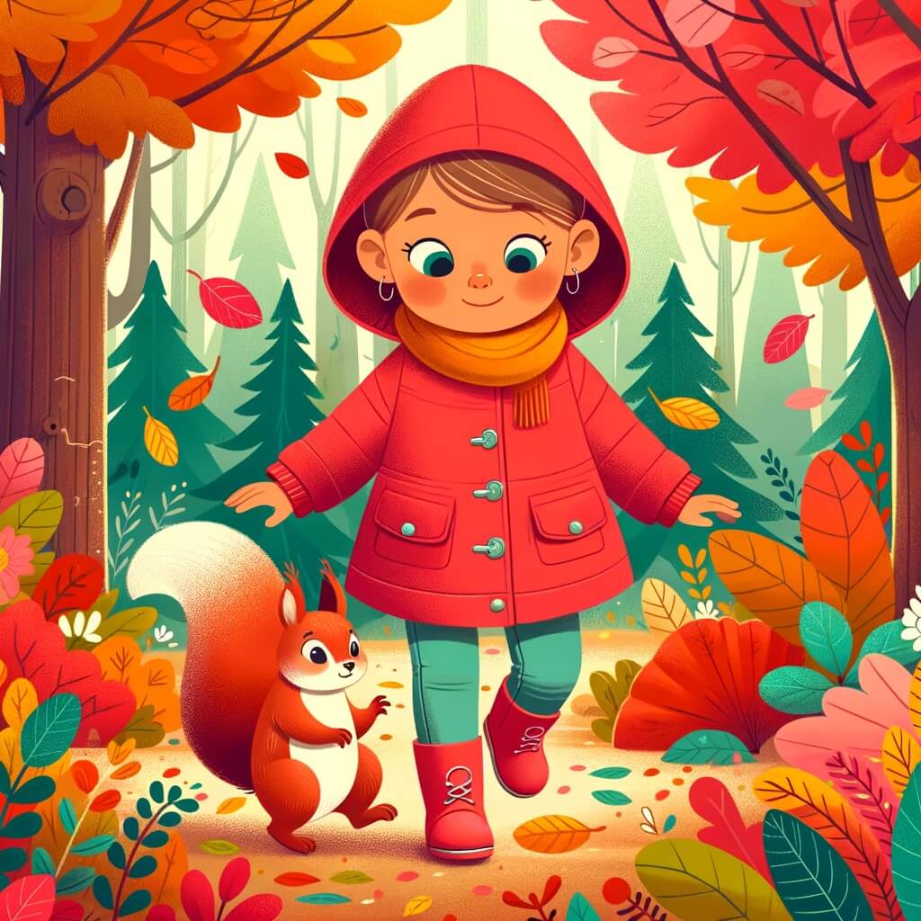 Une illustration destinée aux enfants représentant une niña pequeña, vêtue d'une chaqueta rouge vif, qui explore un bosque aux couleurs éclatantes de l'automne, accompagnée de son amie, une ardilla espiègle, dans un parc enchanté où les feuilles tombent doucement du ciel.