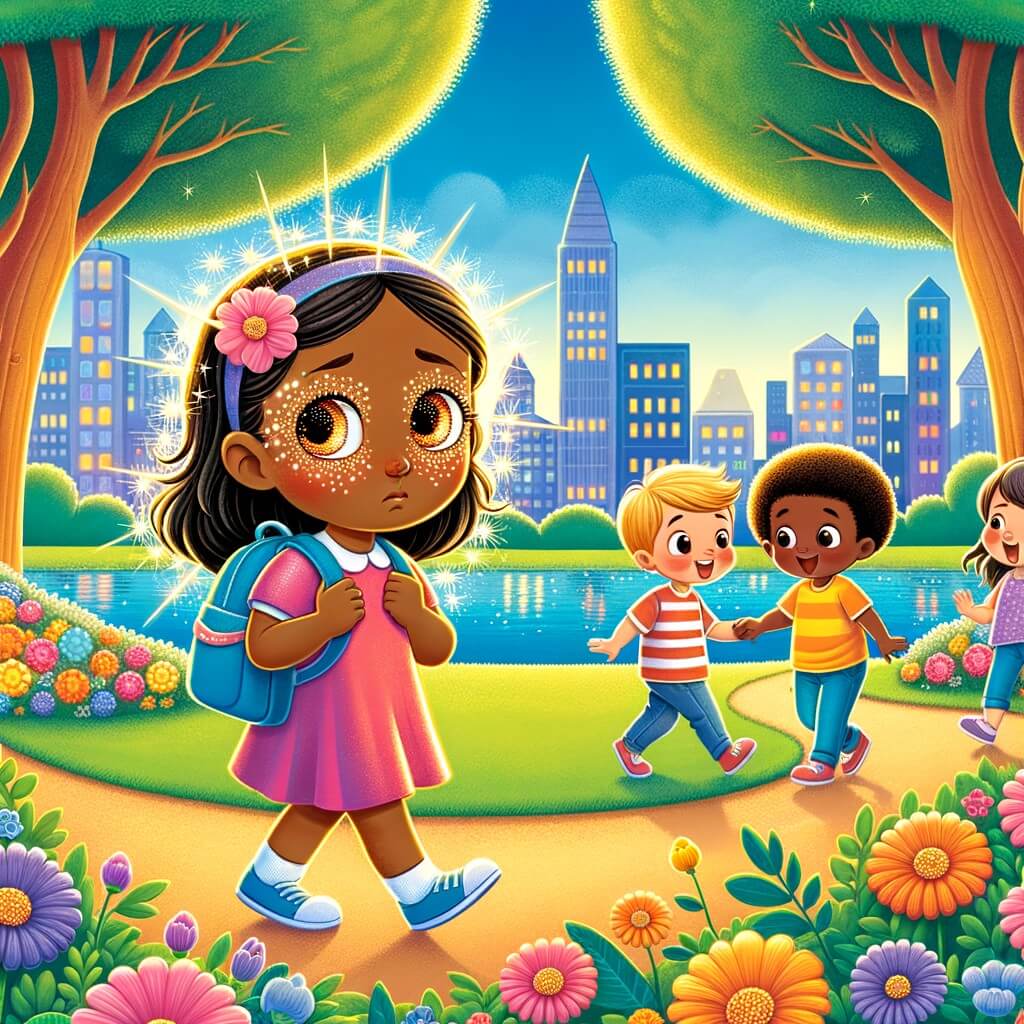 Une illustration destinée aux enfants représentant une petite fille aux yeux pétillants, confrontée à des commentaires racistes, accompagnée d'un ami timide, dans un parc coloré de la grande ville avec des arbres majestueux, des fleurs éclatantes et des enfants joyeux qui jouent.