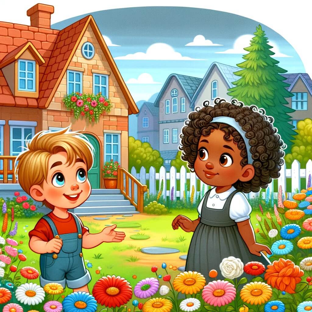 Une illustration destinée aux enfants représentant un petit enfant curieux et plein d'enthousiasme, découvrant une nouvelle maison avec un magnifique jardin rempli de fleurs colorées, où il fait la rencontre d'une nouvelle amie, une petite fille aux cheveux bouclés et à la peau sombre, dans le charmant village de Villa Esperanza.