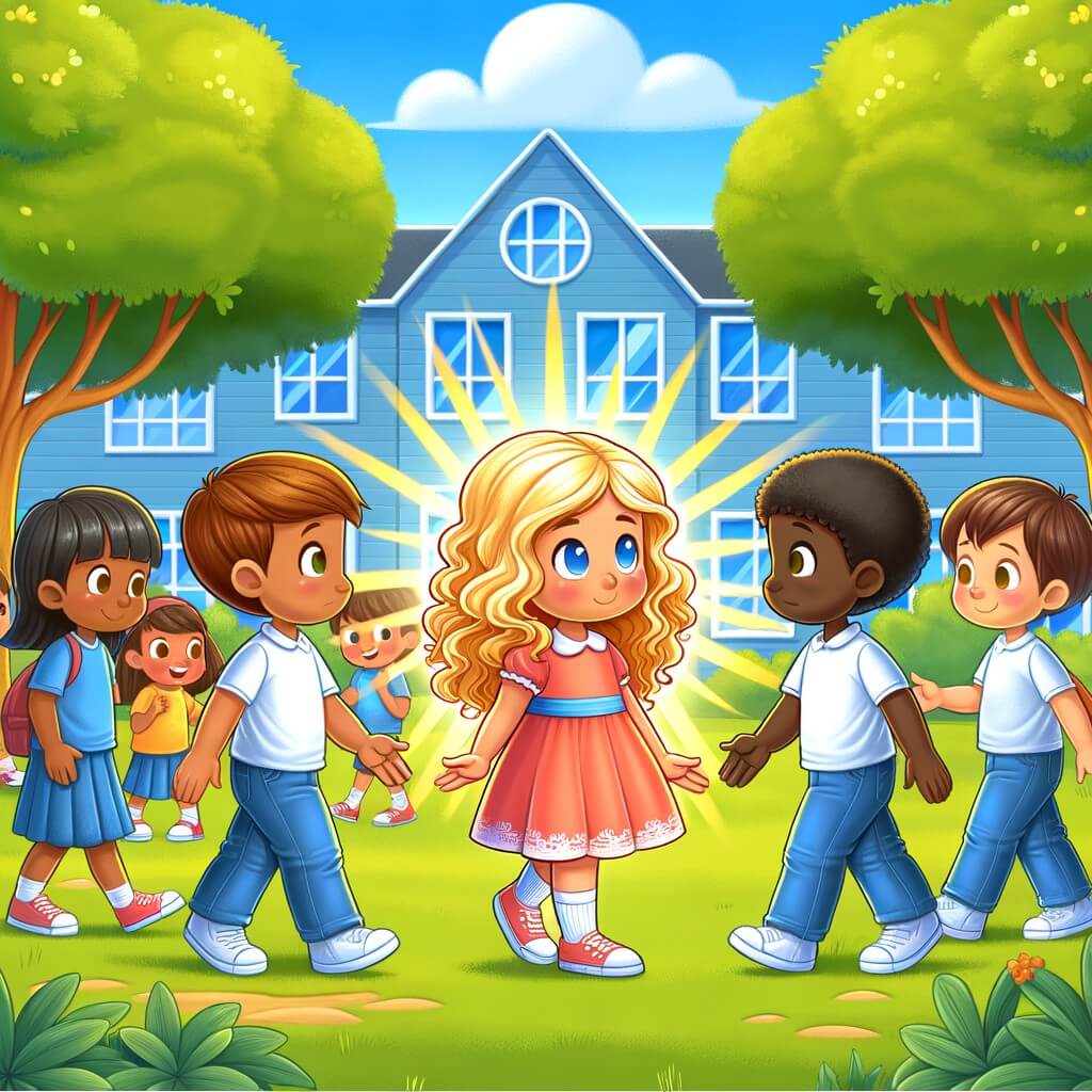 Une illustration destinée aux enfants représentant une petite fille aux boucles dorées, qui se retrouve confrontée à des moqueries en raison de la couleur de peau d'un nouvel ami, dans une école entourée d'arbres verts et de joyeux enfants qui jouent sous un ciel bleu éclatant.