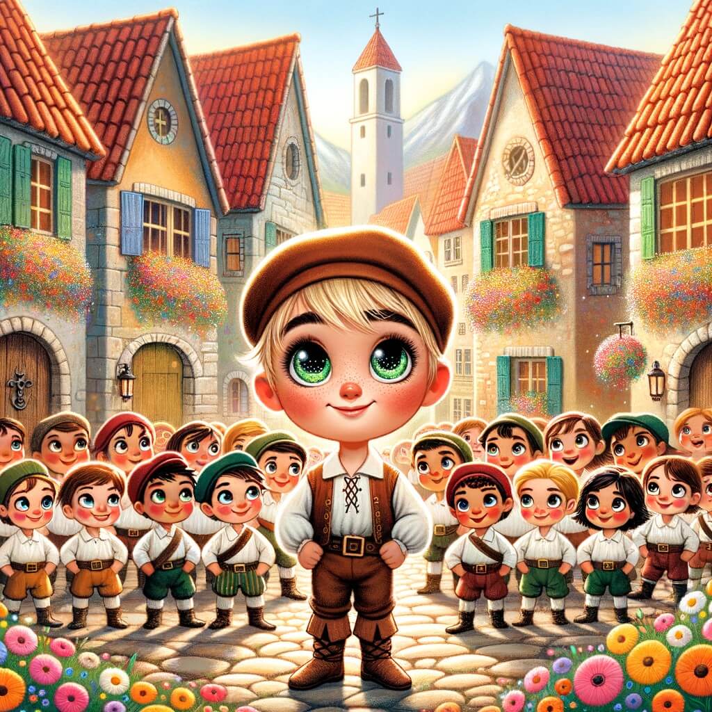 Une illustration destinée aux enfants représentant un petit garçon aux yeux étincelants, se tenant debout avec courage face à un groupe d'enfants plus âgés, dans un village coloré rempli de maisons aux toits en tuiles rouges et de fleurs multicolores qui bordent les rues pavées.