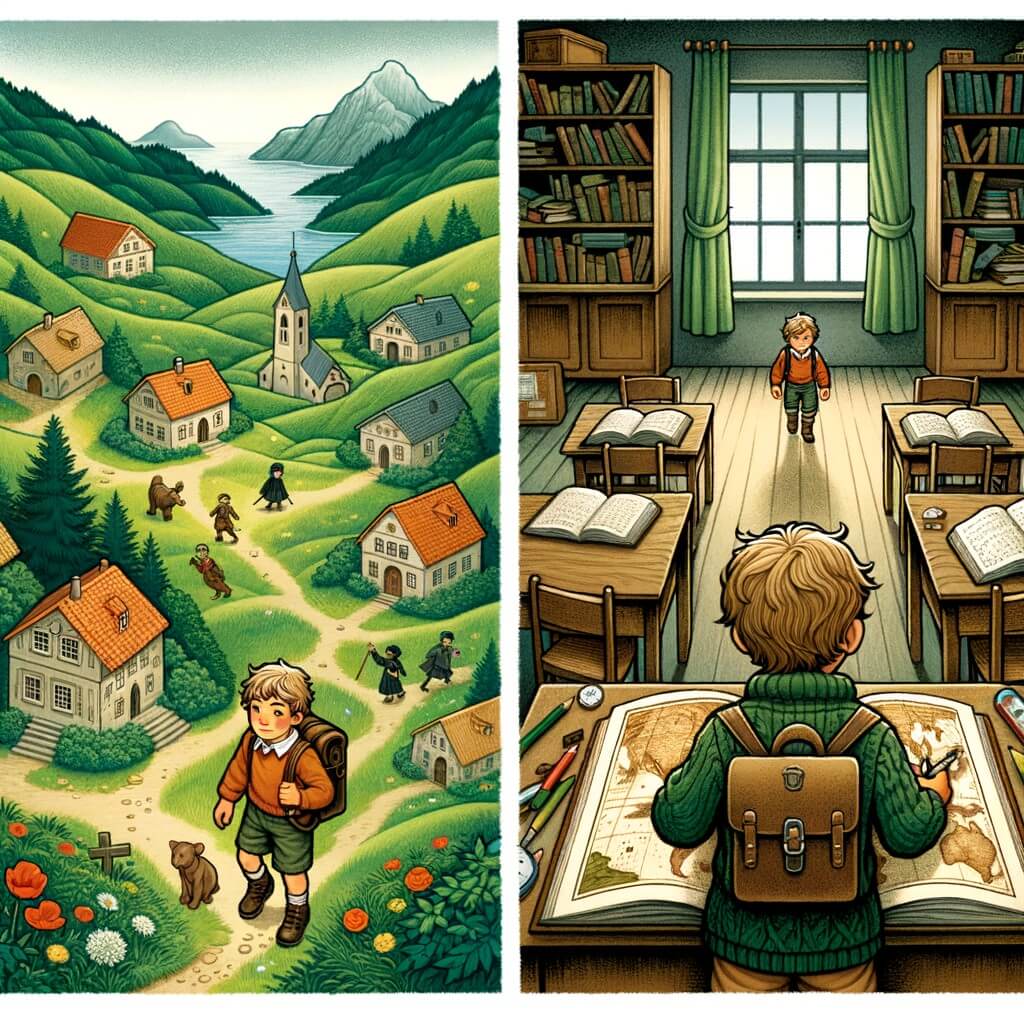 Une illustration destinée aux enfants représentant un petit garçon curieux et aventurier, qui se trouve dans un nouveau village entouré de collines verdoyantes, où il rencontre un autre enfant solitaire dans une salle de classe remplie de livres et de cartes mystérieuses.