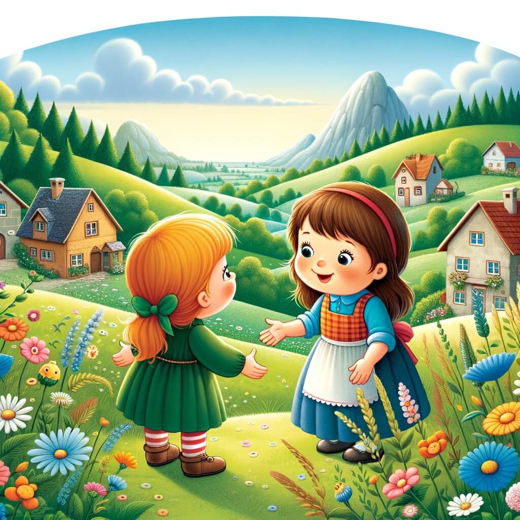 Une illustration destinée aux enfants représentant une niña pequeña pleine de vie, qui fait la rencontre d'une nouvelle amie dans un petit village entouré de collines verdoyantes et de champs remplis de fleurs sauvages.