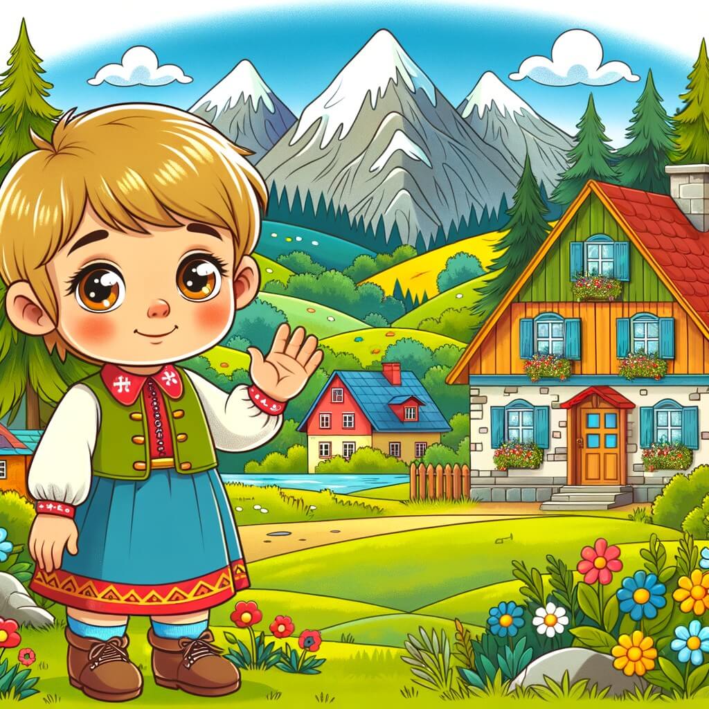 Une illustration destinée aux enfants représentant un petit enfant aux yeux pétillants, se tenant debout devant une maison colorée, accueillant chaleureusement un nouvel ami venu d'un pays lointain, dans un village pittoresque entouré de montagnes verdoyantes et d'arbres majestueux.