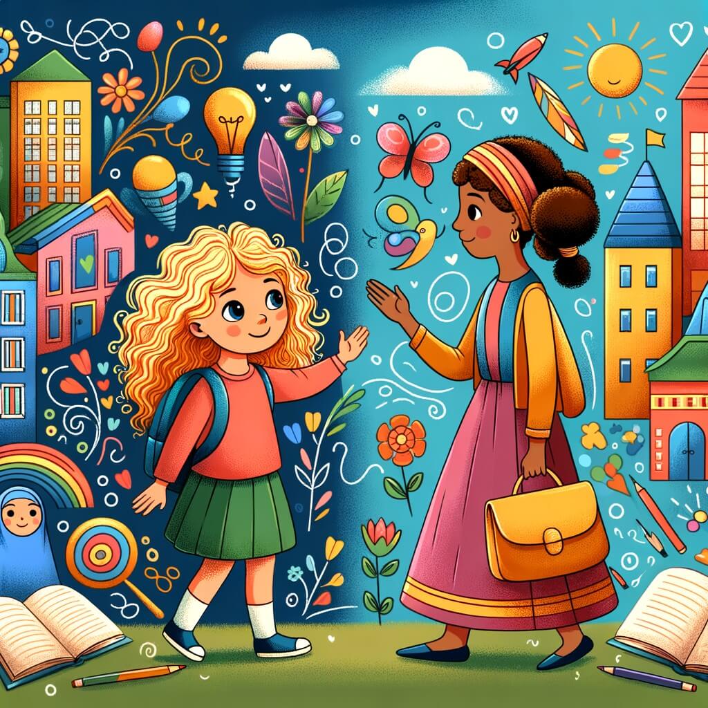 Une illustration destinée aux enfants représentant une niña pequeña avec des boucles d'or, se trouvant dans une nouvelle ville, accompagnée d'une amie aux cheveux bouclés, dans une école colorée et animée, où la diversité est célébrée à travers des livres et des projets artistiques.