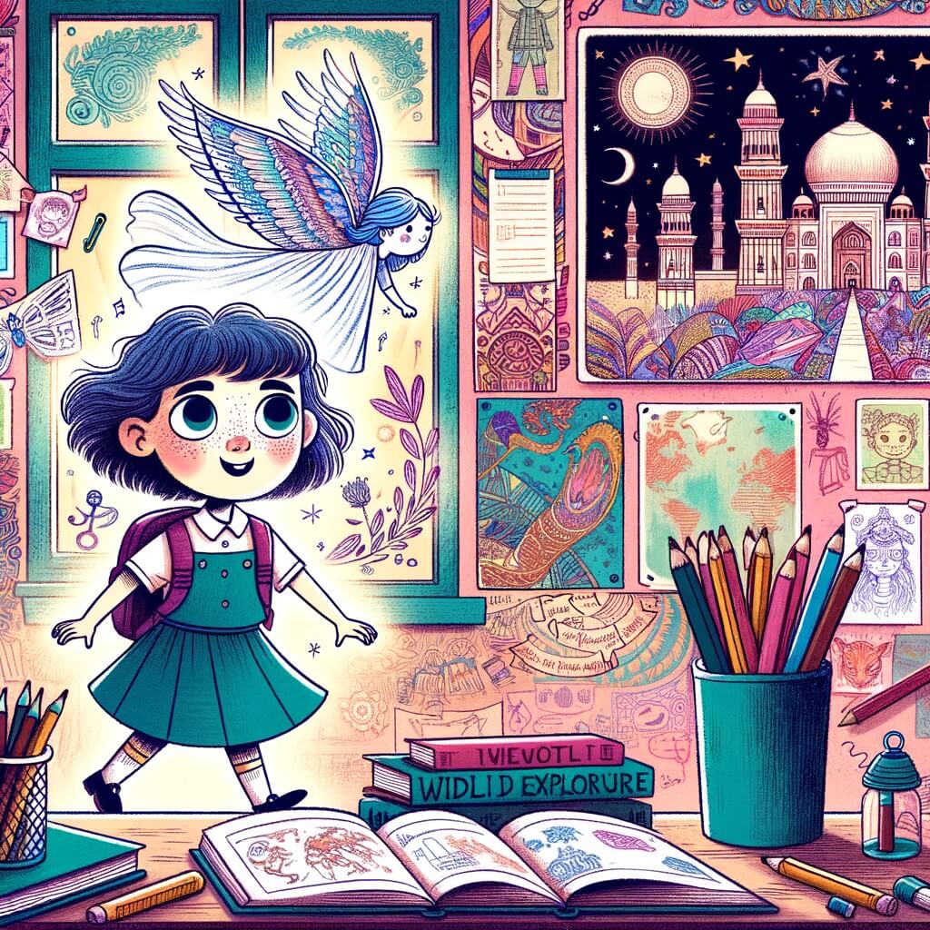 Une illustration destinée aux enfants représentant une niña pequeña, timide et curieuse, qui vit une aventure passionnante à l'école, accompagnée de son amiga imaginaria, dans une salle de classe colorée remplie de livres, de crayons et de dessins accrochés aux murs.