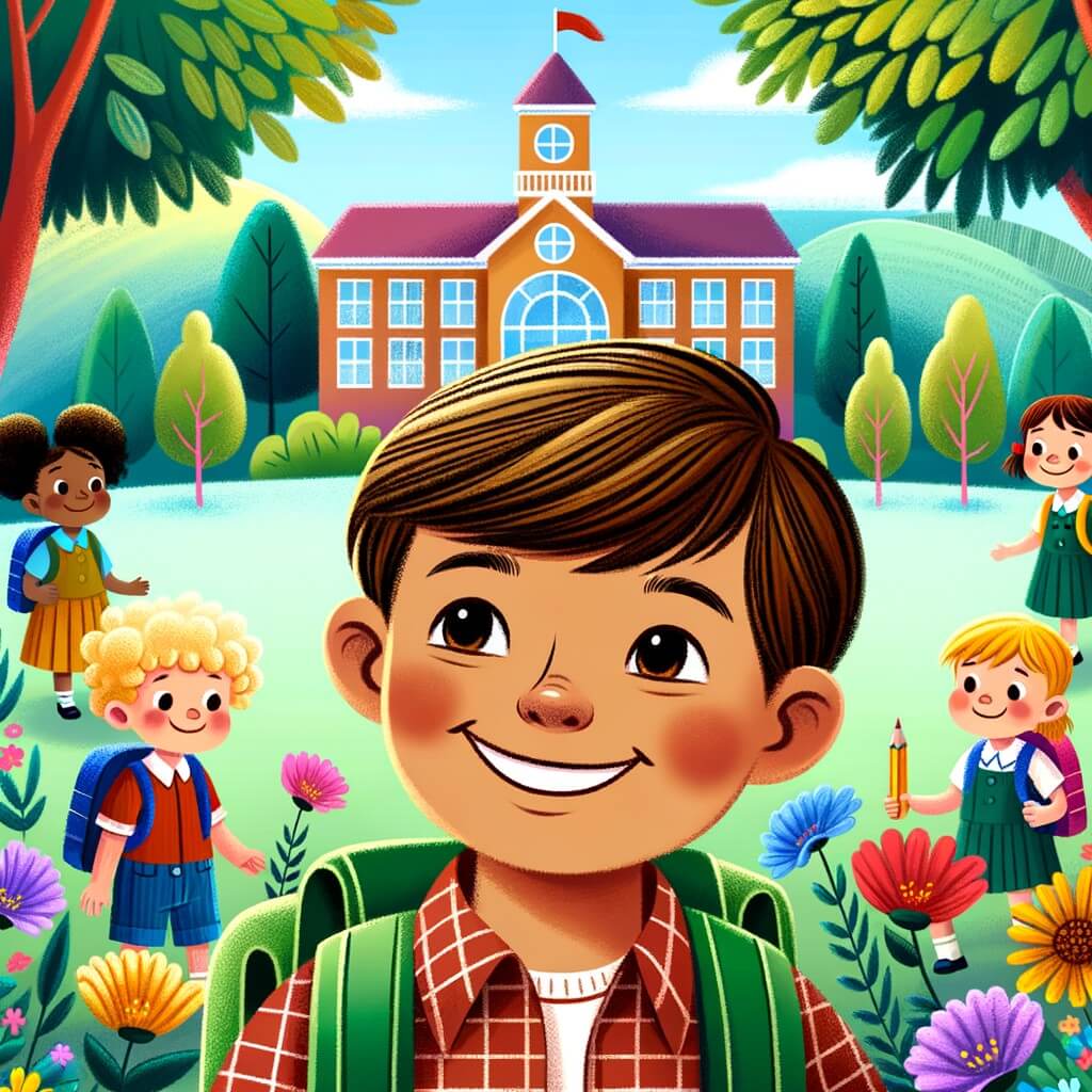 Une illustration destinée aux enfants représentant un petit garçon avec un sourire radieux, qui fait face à une nouvelle aventure scolaire avec ses amis, accompagné d'un nouvel élève timide mais amical, dans une école colorée entourée de fleurs et d'arbres verdoyants.
