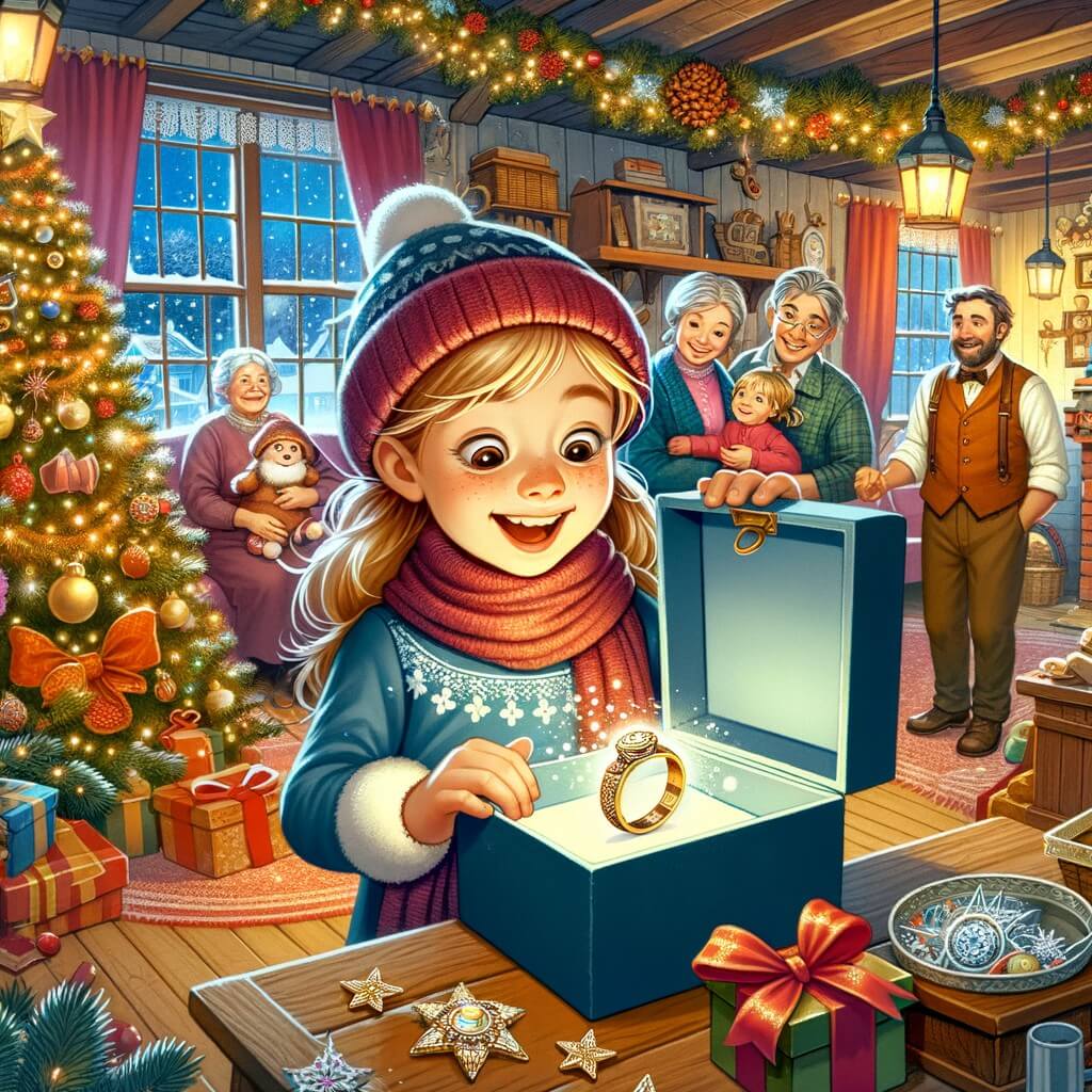 Une illustration destinée aux enfants représentant une niña pequeña, pleine d'excitation, découvrant un anneau magique dans le grenier de sa abuela, entourée de sa familia, dans une maison chaleureuse remplie de décorations festives et d'un arbre de Noël scintillant.
