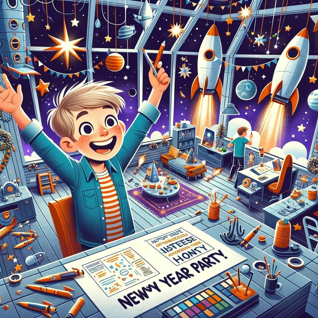 Une illustration destinée aux enfants représentant un niño pequeño plein d'excitation, organisant une spectaculaire fiesta de Año Nuevo avec l'aide de ses amigos, dans une maison transformée en une incroyable nave espacial, remplie de cohetes, étoiles et planetas suspendus au plafond.