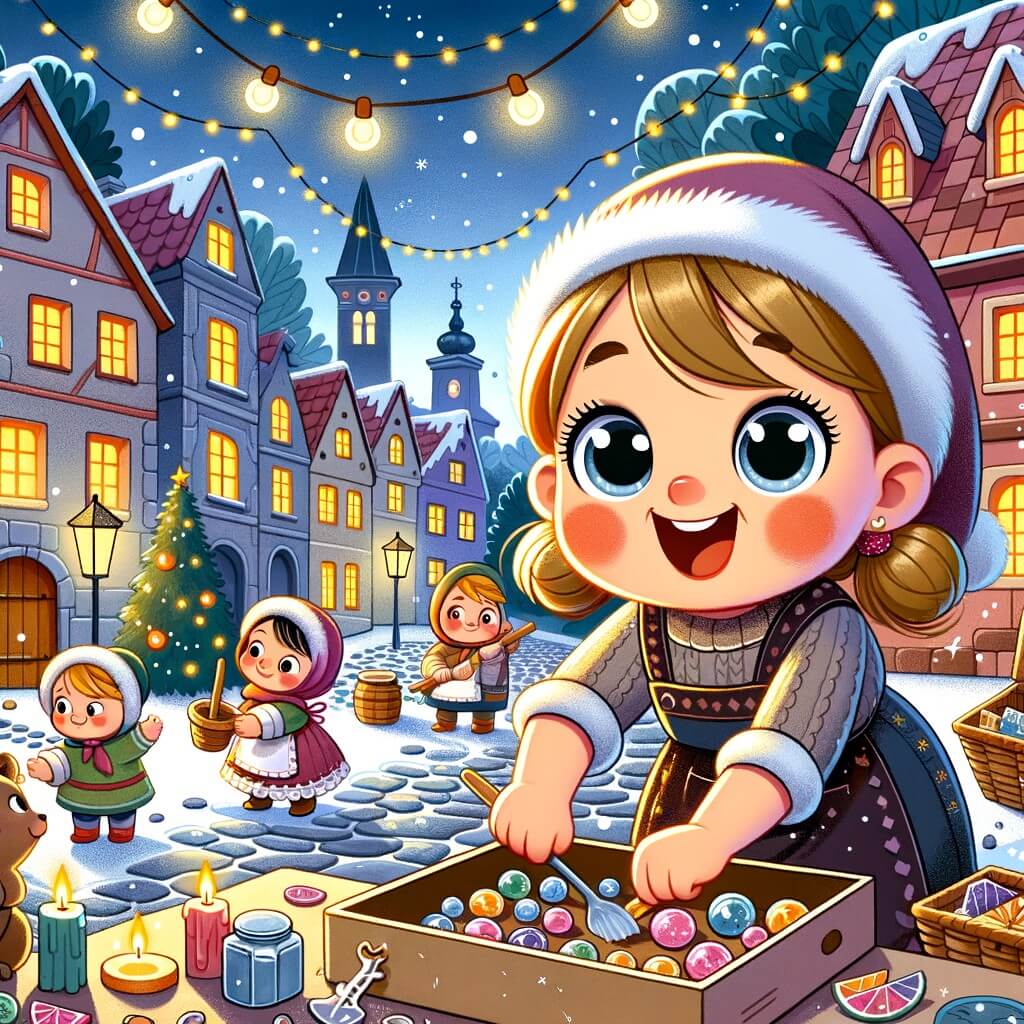 Une illustration destinée aux enfants représentant une petite fille joyeuse et curieuse en train de préparer une fête de Nouvel An avec l'aide de ses amis, dans un village pittoresque rempli de maisons colorées, de rues pavées et de lumières scintillantes.