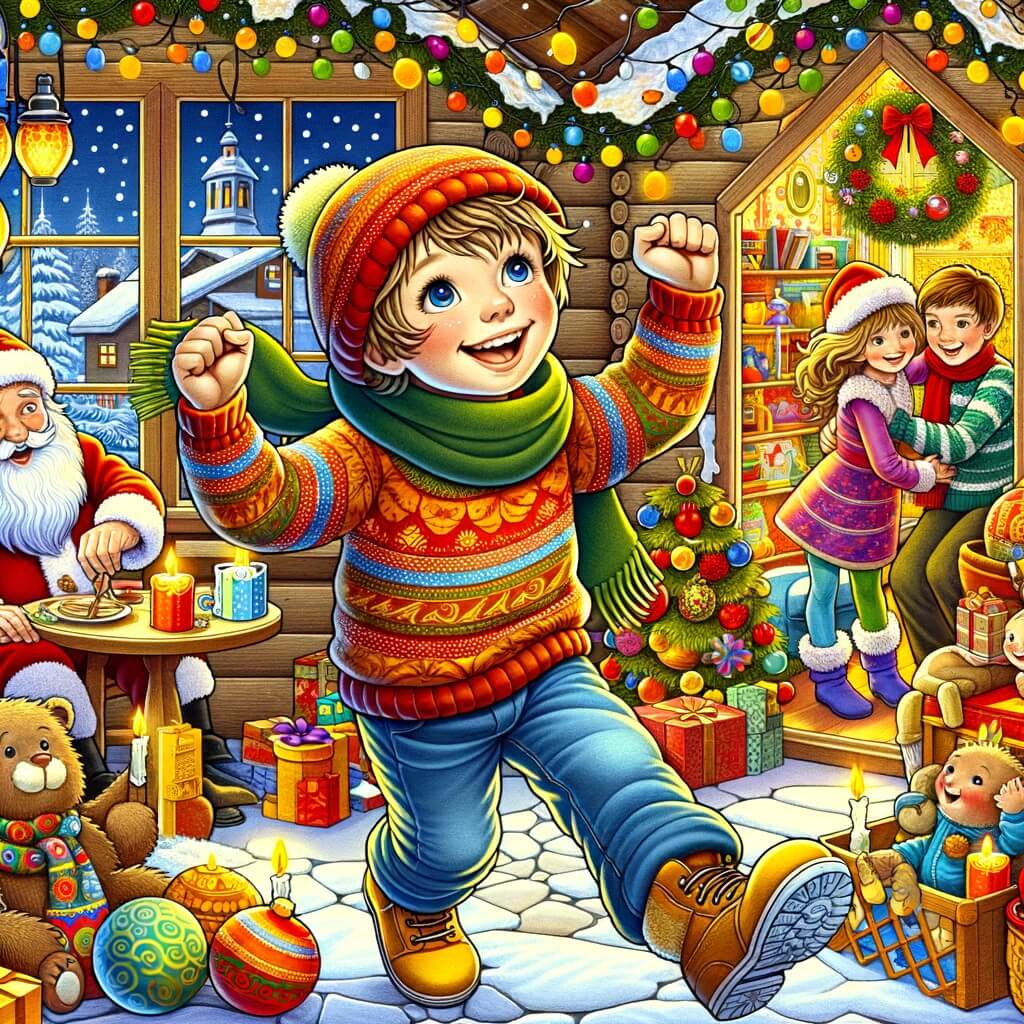 Une illustration destinée aux enfants représentant un niño pequeño, plein d'enthousiasme, préparant une fiesta de Año Nuevo avec sa famille dans une casa colorée et chaleureuse, remplie de décorations festives.