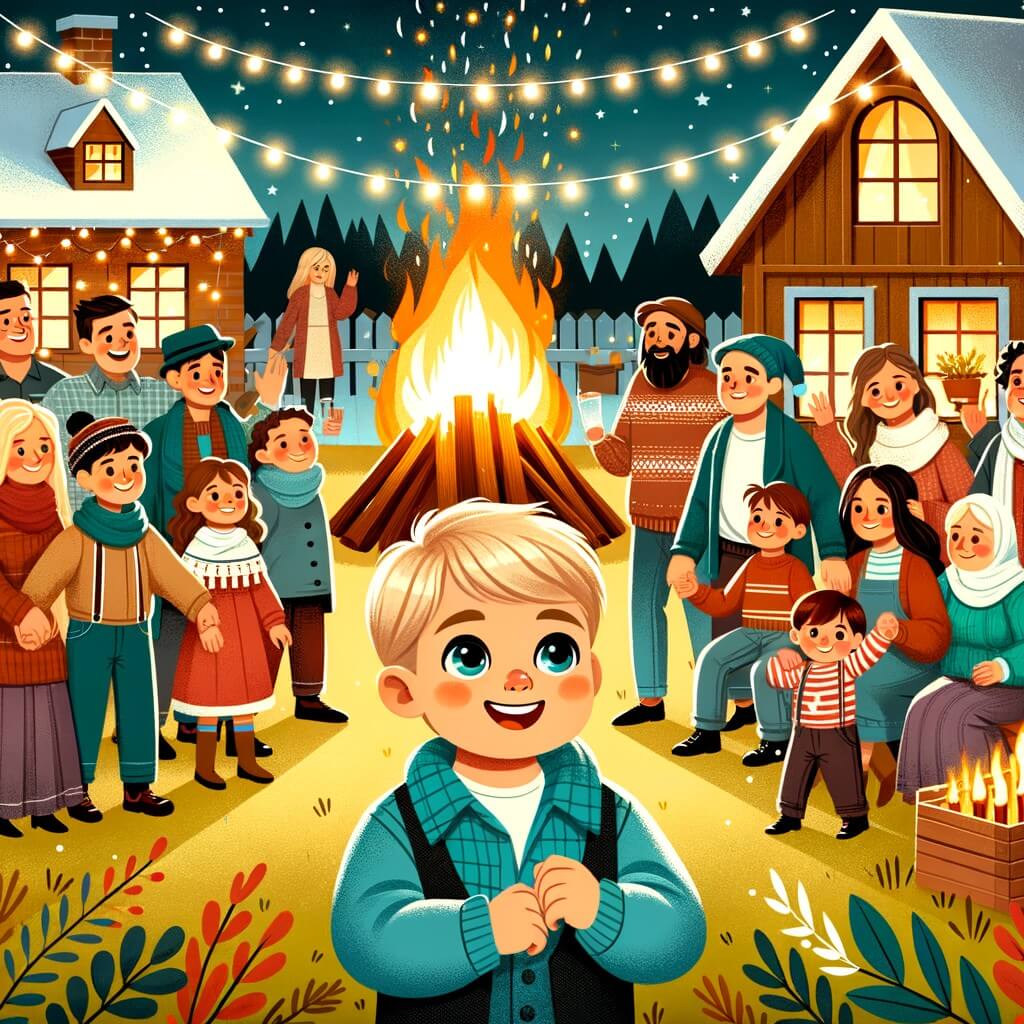Une illustration destinée aux enfants représentant un niño pequeño, émerveillé et plein d'excitation, entouré de sa famille, dans une maison chaleureuse et joliment décorée, célébrant la fiesta de Año Nuevo avec une grande fogata illuminant le jardin.