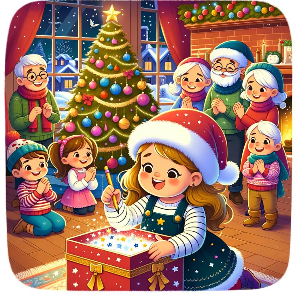 Une illustration destinée aux enfants représentant une petite fille joyeuse, entourée de sa famille, écrivant ses souhaits pour la nouvelle année dans une boîte magique sous un magnifique arbre de Noël, dans le chaleureux salon de la maison de ses grands-parents.