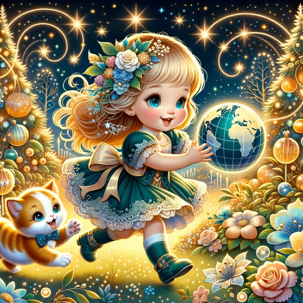 Une illustration destinée aux enfants représentant une niña pequeña, vêtue de son plus beau costume, dans une situation de course effrénée pour attraper un ballon en forme de globe terrestre, avec un chaton espiègle qui l'accompagne, dans un jardin magique rempli d'arbres scintillants et de fleurs lumineuses, tandis que la nuit étoilée de la veille du Nouvel An brille au-dessus d'eux.
