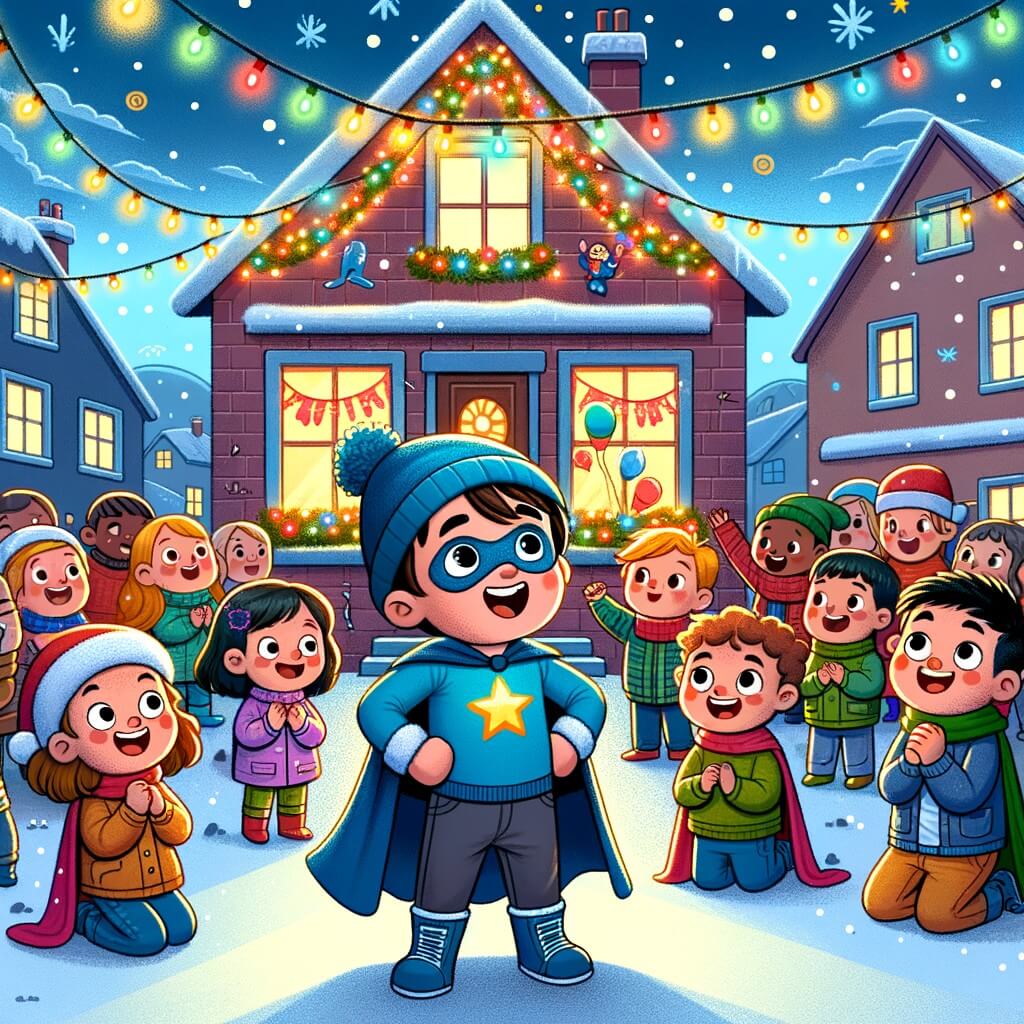 Une illustration destinée aux enfants représentant un petit garçon plein d'enthousiasme, vêtu d'un costume de superhéros, entouré de ses amis et voisins, dans une maison décorée de lumières colorées et de guirlandes étincelantes, située dans la charmante petite ville de Villa Alegre, où tous se préparent à célébrer la fête de la Saint-Sylvestre avec joie et magie.