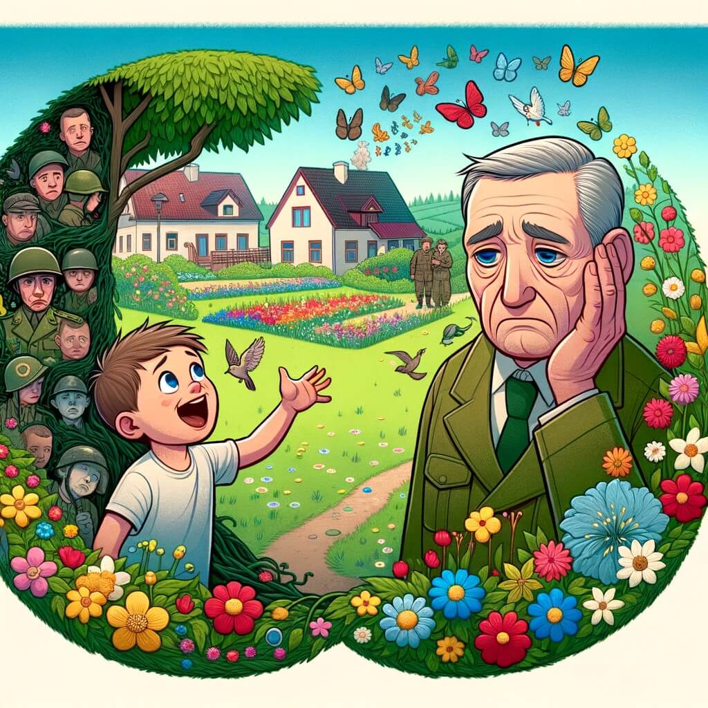 Une illustration destinée aux enfants représentant un homme aux yeux tristes, entouré de souvenirs de la guerre, qui rencontre un enfant curieux et joyeux dans un paisible village où les fleurs colorées s'épanouissent et les oiseaux chantent dans un parc verdoyant.