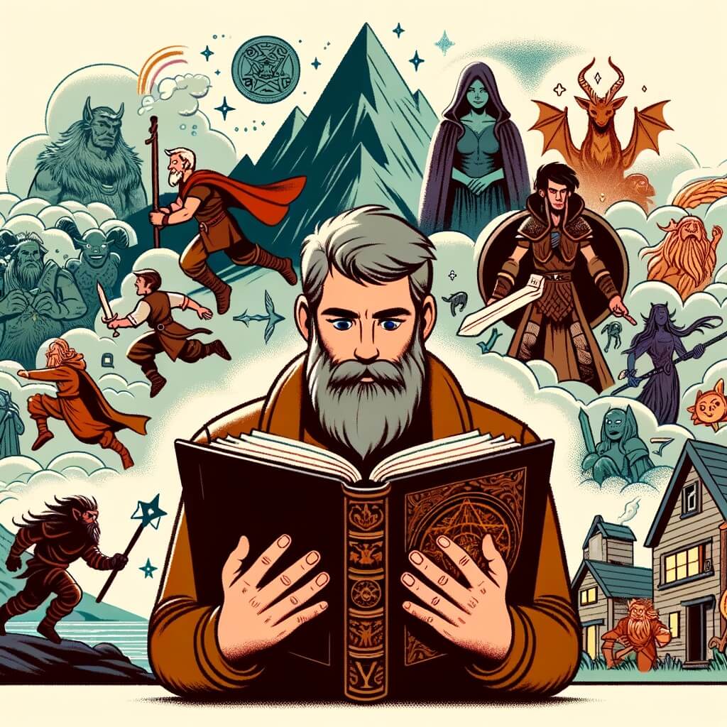 Une illustration destinée aux enfants représentant un homme barbu, sage et aimable, se trouvant dans un paisible village près de la montagne, alors qu'il découvre un mystérieux livre intitulé "Le Vallée des Rêves", qui l'emmène dans un monde magique où il devient un héros courageux et rencontre des créatures fantastiques, tout en se confrontant à une maléfique reine et en cherchant à apporter la paix dans un pays ravagé par la guerre.