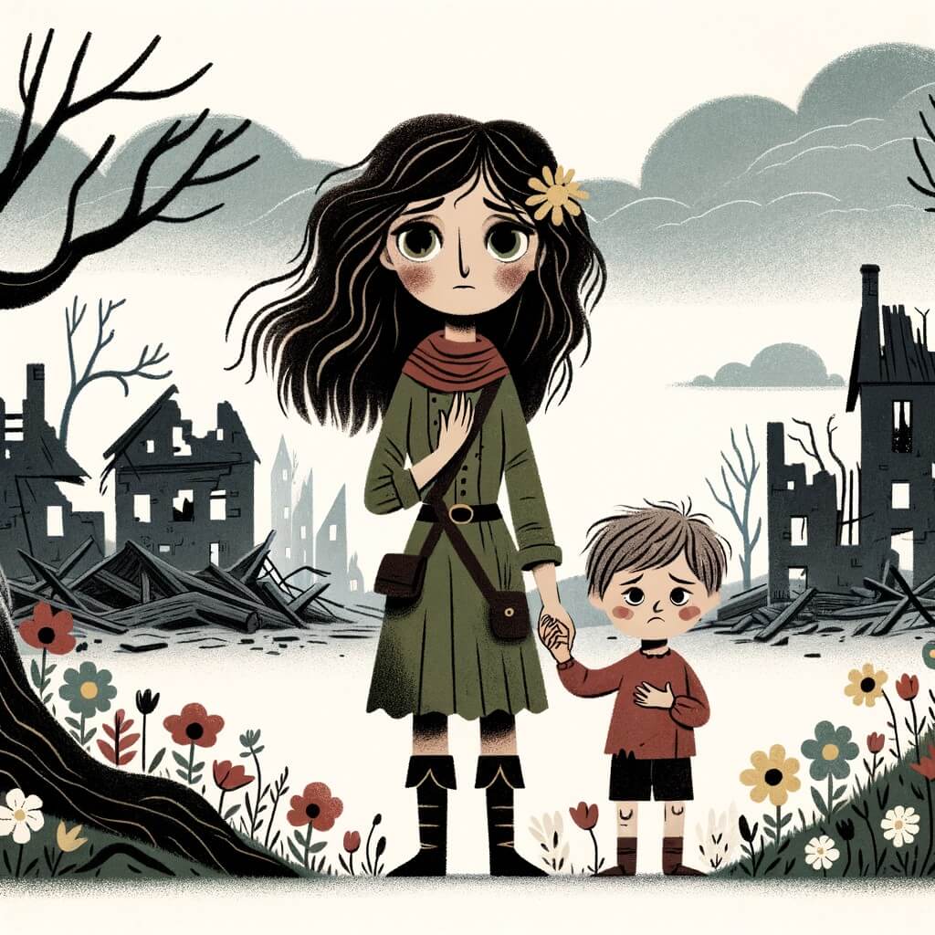 Une illustration destinée aux enfants représentant une femme courageuse, aux cheveux sombres et aux yeux brillants, se tenant devant un paysage dévasté par la guerre, avec des maisons en ruines et des fleurs fanées, tandis qu'elle tient la main d'un enfant triste et solitaire, dans une petite aldea près d'une forêt dense et mystérieuse.