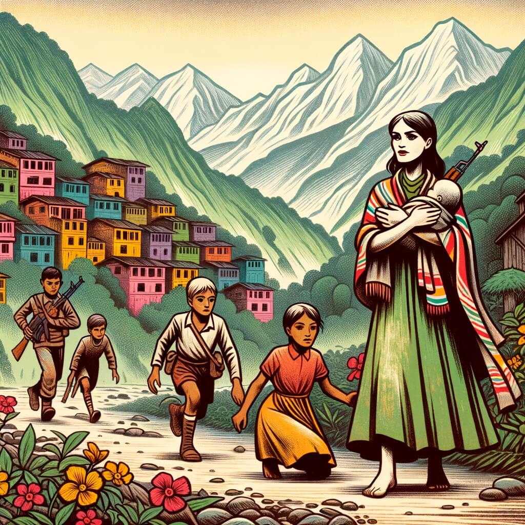 Une illustration destinée aux enfants représentant une femme courageuse, confrontée à la triste réalité de la guerre, accompagnée d'un groupe d'enfants abandonnés, dans un petit village pittoresque entouré de montagnes verdoyantes et de maisons colorées appelé Villa Esperanza.