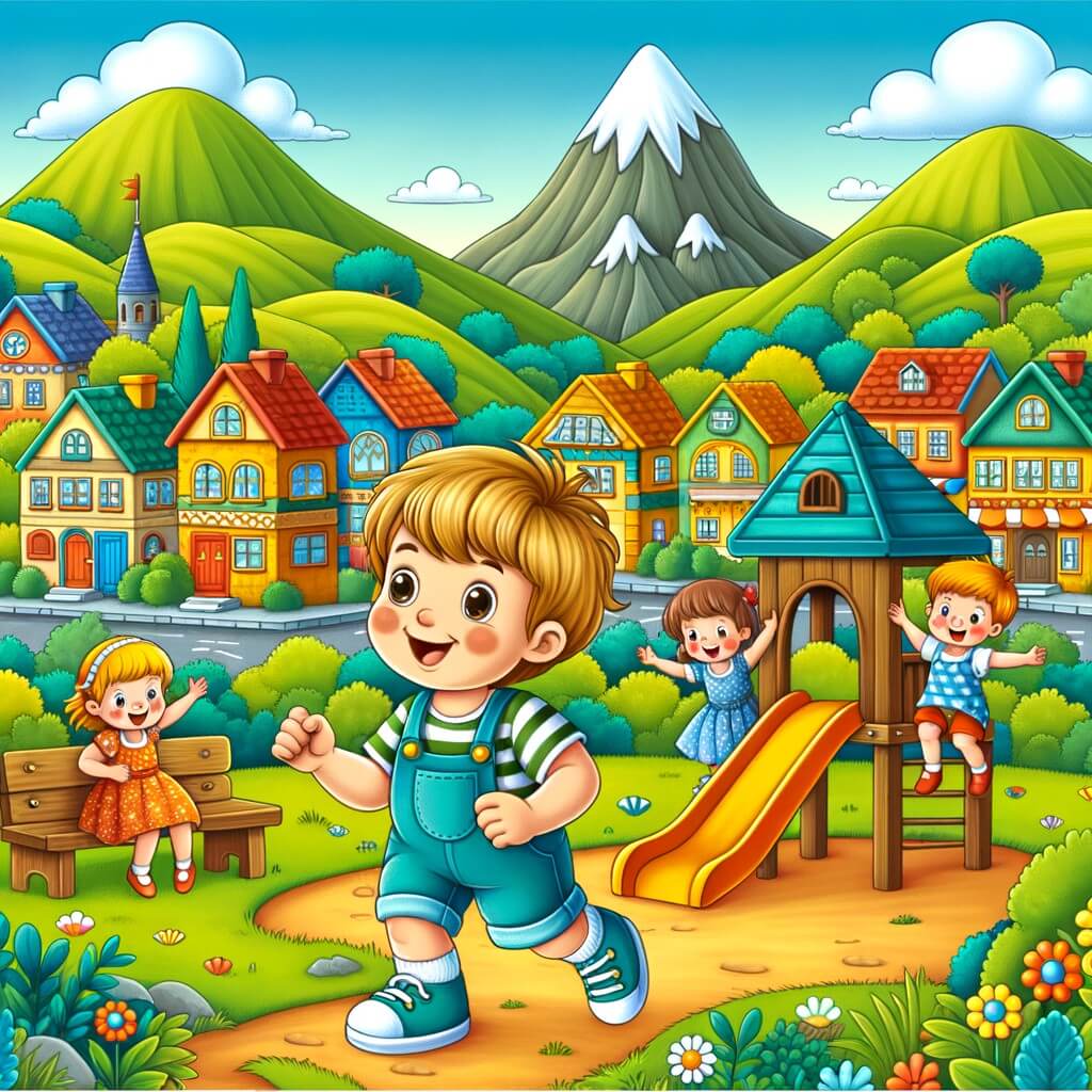 Une illustration destinée aux enfants représentant un petit garçon curieux et énergique, qui découvre un nouveau parc de jeux où garçons et filles jouent ensemble, dans un village plein de maisons colorées et entouré de montagnes verdoyantes.