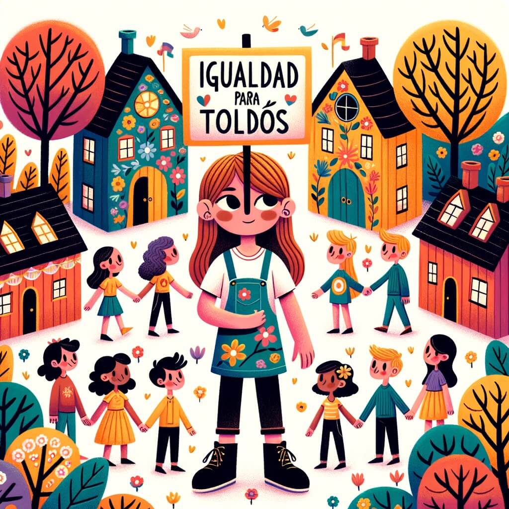 Une illustration destinée aux enfants représentant une niña pequeña, debout avec assurance, tenant une pancarte sur laquelle est écrit "Igualdad para todos", entourée d'amis de tous les genres dans un village coloré rempli de maisons aux toits en forme de fleurs et d'arbres aux branches entrelacées.