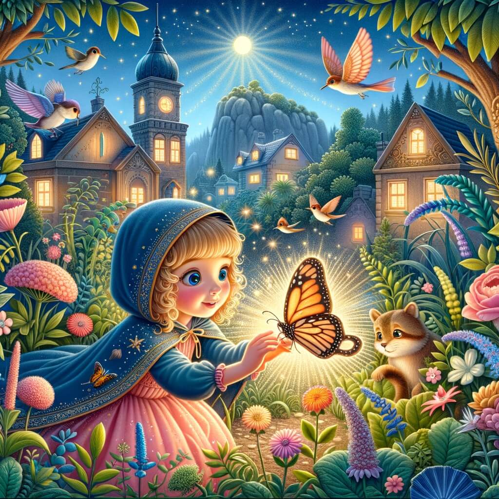 Une illustration destinée aux enfants représentant une petite fille aux yeux pétillants, accompagnée d'une mariposa blessée, découvrant un mystérieux jardin rempli de plantes colorées et d'oiseaux chanteurs, dans le paisible village de Villa Alegre, où le soleil brille toujours.