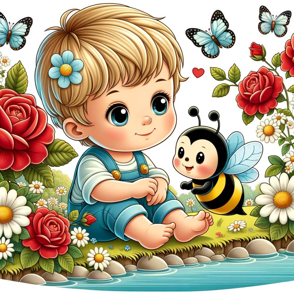 Une illustration destinée aux enfants représentant un enfant petit et curieux, assis au bord d'une rivière, accompagné d'une douce abeille, dans un magnifique jardin fleuri où les papillons virevoltent joyeusement parmi les roses rouges et les marguerites blanches.
