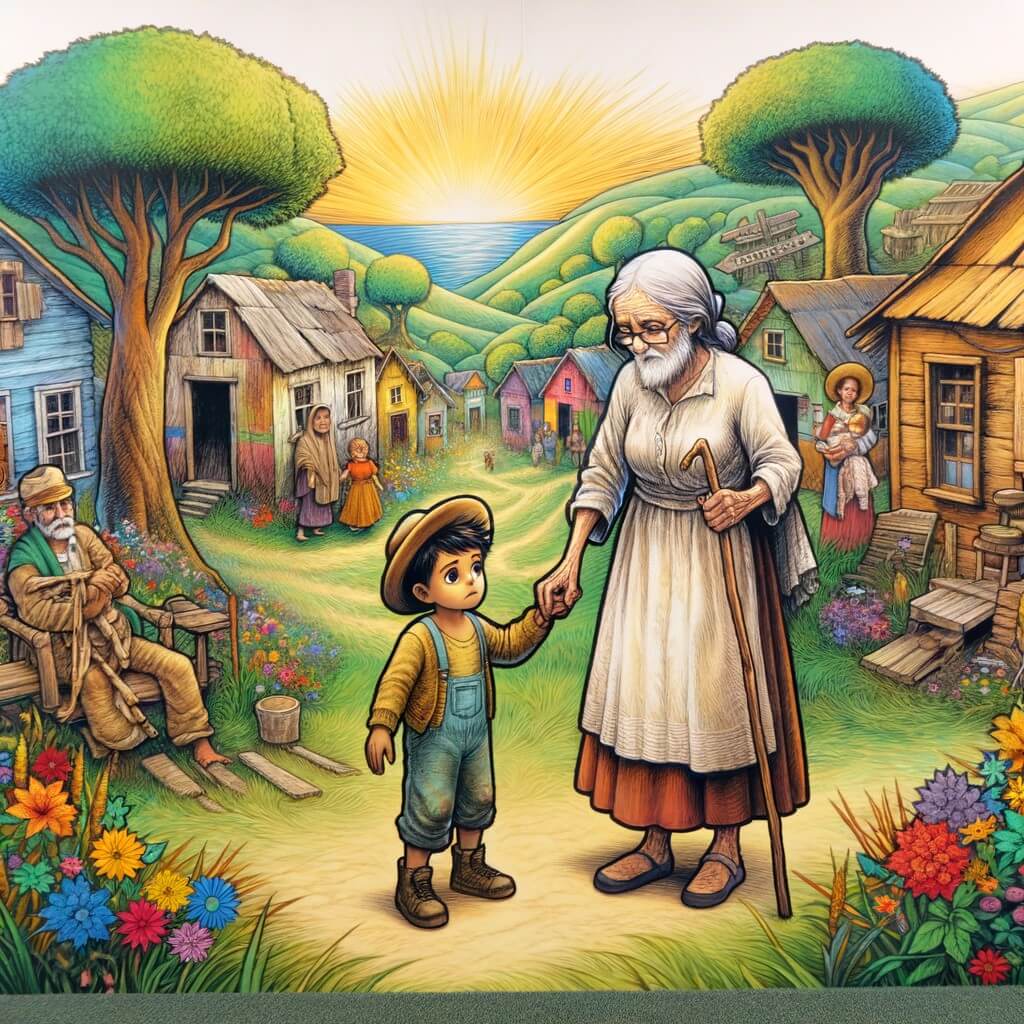 Une illustration destinée aux enfants représentant un petit enfant aux vêtements usés, tenant la main d'une vieille femme, marchant dans un village pittoresque avec des maisons colorées en bois, des arbres verdoyants et des fleurs multicolores, symbolisant ainsi une histoire sur la pauvreté et l'espoir dans un petit village appelé Esperanza.