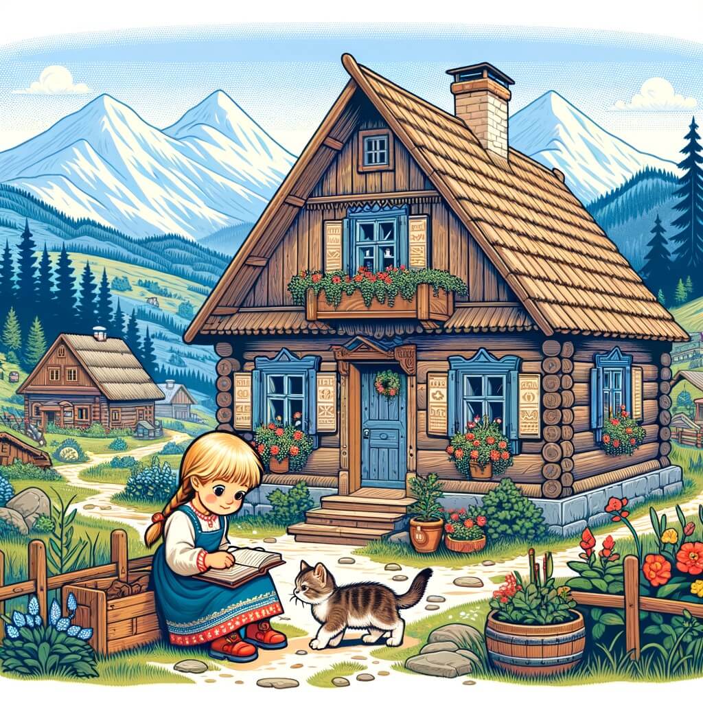 Une illustration destinée aux enfants représentant une niña pequeña, vivant dans une petite maison en bois au milieu d'un paisible village entouré de majestueuses montagnes, luttant contre la pauvreté avec l'aide de son fidèle compagnon, un gatito abandonado nommé Luna.