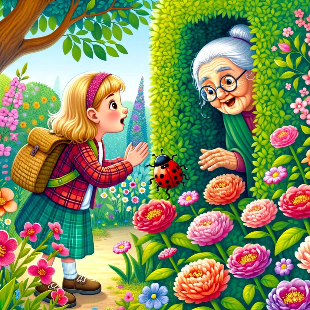 Une illustration destinée aux enfants représentant une niña pequeña, émerveillée par la beauté de la nature, accompagnée d'une adorable mariquita, découvrant un magnifique jardin secret caché derrière un grand seto, rempli de fleurs aux couleurs éclatantes et d'une douce señora Flores qui veille sur ce lieu magique.