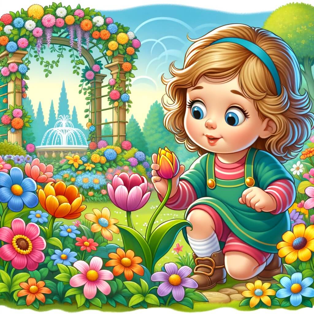Une illustration destinée aux enfants représentant un petit enfant curieux, entouré de fleurs colorées, découvrant un bouton de fleur dans un magnifique jardin printanier.