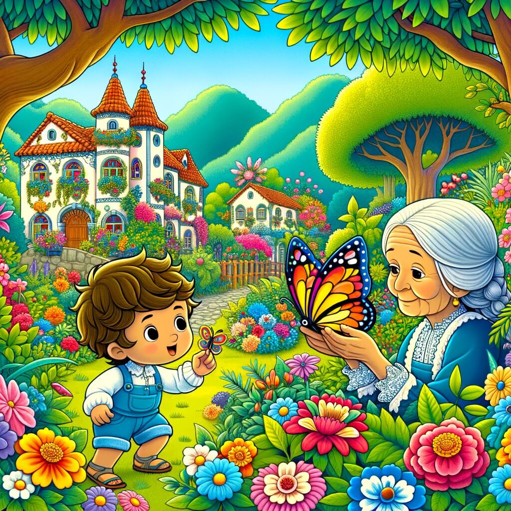 Une illustration destinée aux enfants représentant un niño pequeño fasciné par une mariposa colorida, accompagné de sa abuela, dans un jardin luxuriant rempli de fleurs éclatantes et d'arbres majestueux, situé dans le charmant village de Villa Esperanza.