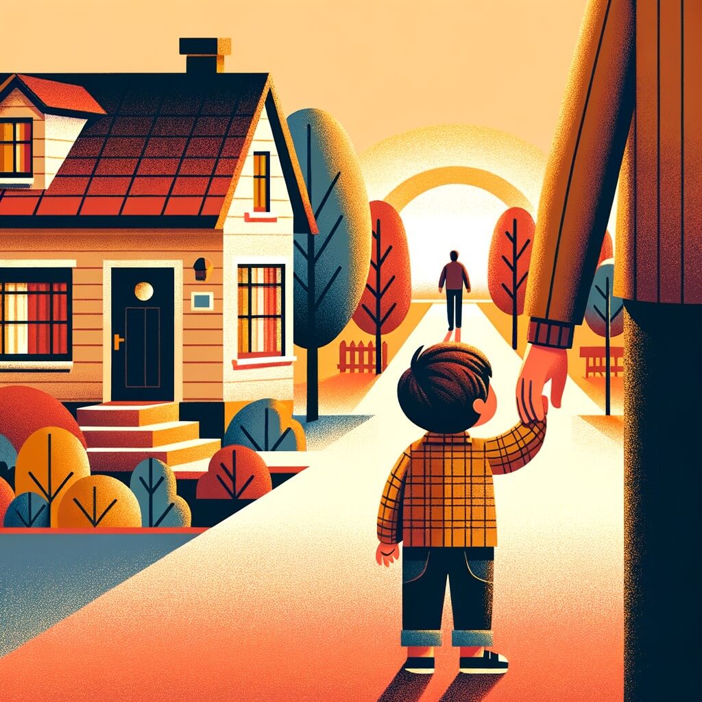 Une illustration destinée aux enfants représentant un petit enfant aux cheveux bruns, debout devant une maison avec une porte ouverte, alors qu'il tient la main de sa maman et regarde tristement son papa s'éloigner dans la lumière dorée du soleil couchant, avec en arrière-plan une rue bordée d'arbres colorés et des maisons aux toits rouges.