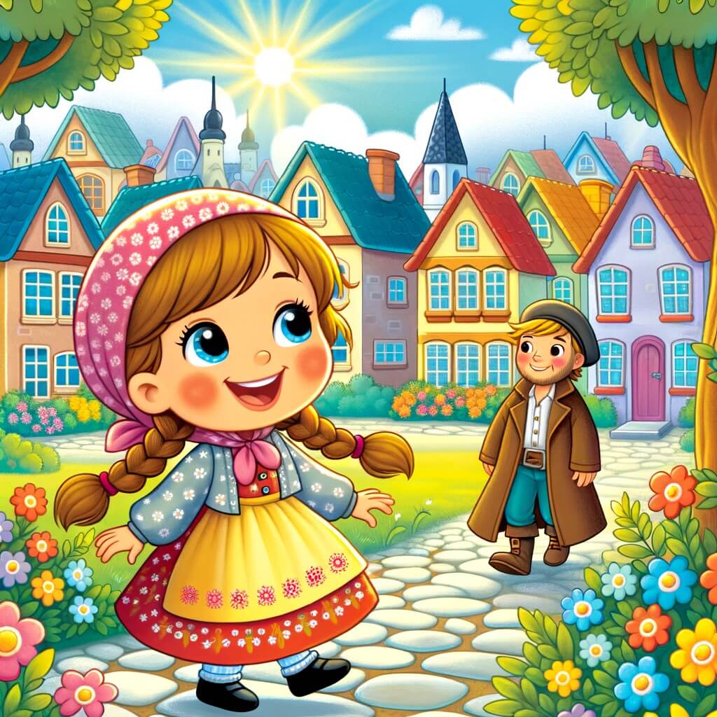 Une illustration destinée aux enfants représentant une niña pequeña au sourire radieux, faisant face à une nouvelle aventure dans un paisible village rempli de maisons colorées et de jardins fleuris, où elle rencontre un nouveau voisin venu d'un pays lointain.