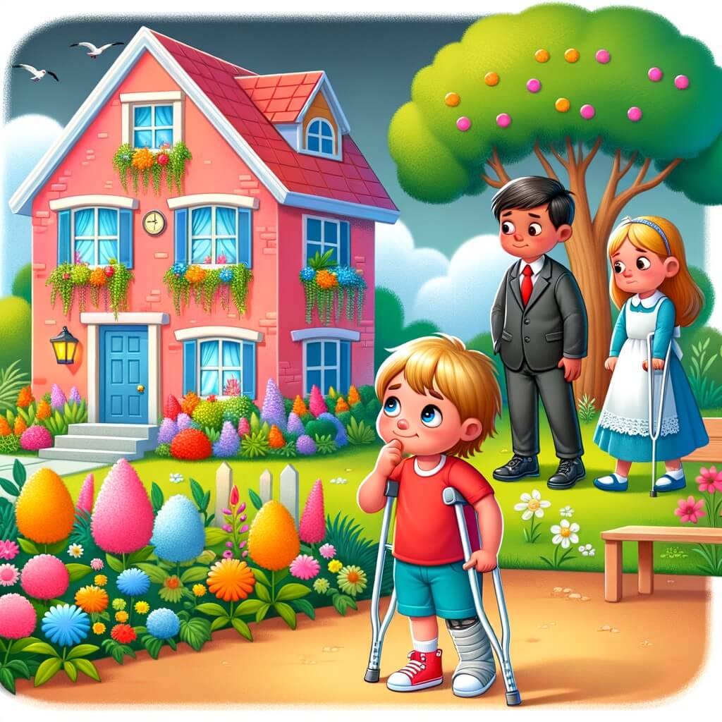 Une illustration destinée aux enfants représentant un petit enfant curieux, se tenant devant une maison colorée avec un jardin fleuri, où un nouveau voisin emménage avec sa famille, tandis qu'un autre enfant, avec une jambe en béquille, observe timidement depuis le parc voisin.