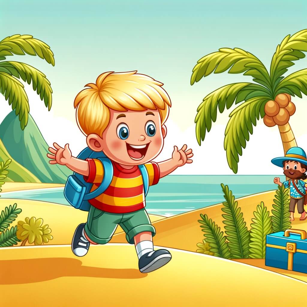 Une illustration destinée aux enfants représentant un niño pequeño plein d'enthousiasme, vivant des aventures passionnantes avec ses nouveaux amis sur une plage dorée bordée de palmiers, pendant les vacances d'été.