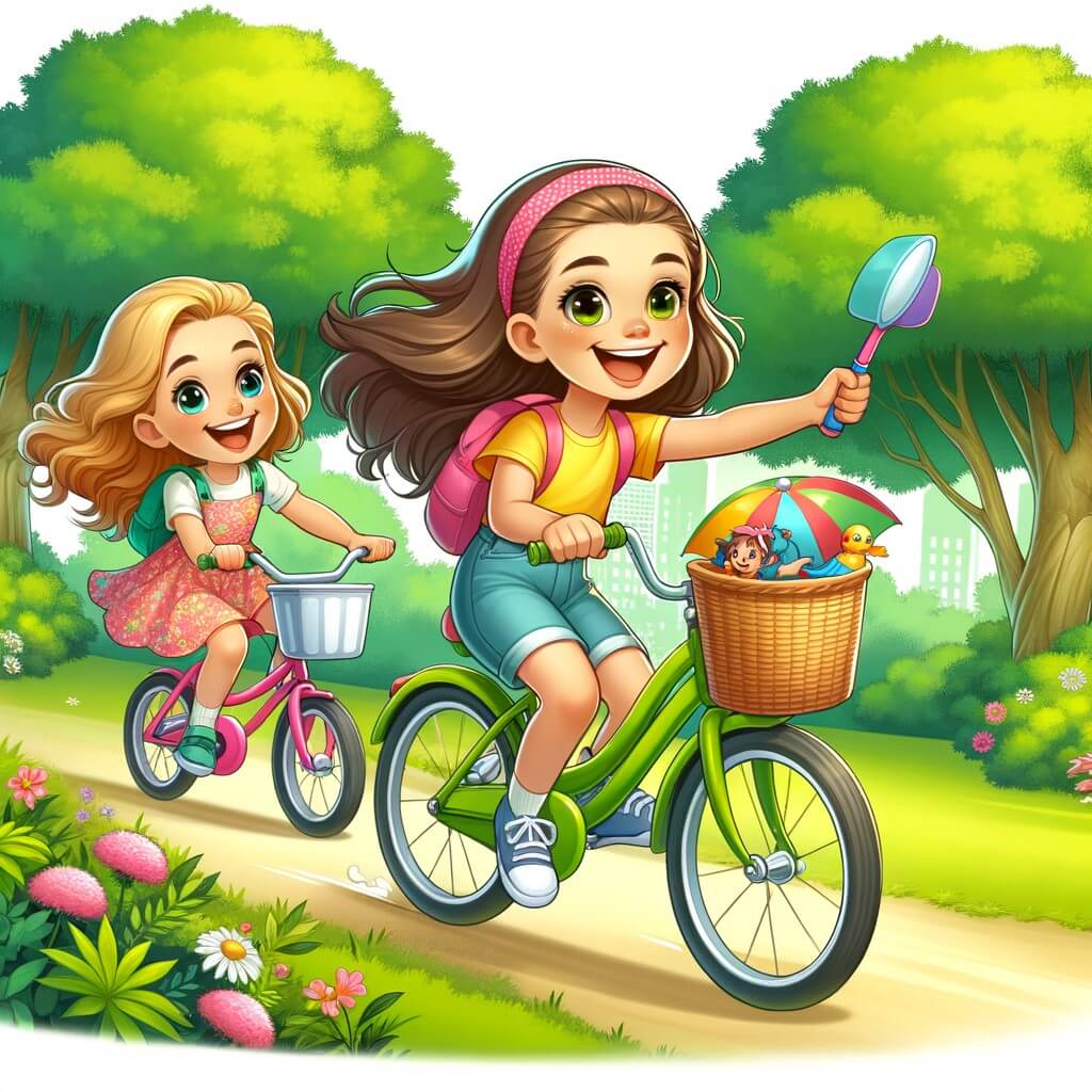 Une illustration destinée aux enfants représentant une niña pequeña pleine d'énergie, en train de faire du vélo avec son amiga dans un parc verdoyant pendant les vacaciones de verano.