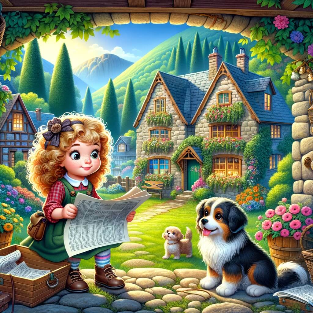 Une illustration destinée aux enfants représentant une niña pequeña aux cheveux bouclés, qui découvre un vieux journal dans un grenier mystérieux, accompagnée de son adorable chien, dans une maison en pierre avec un jardin coloré rempli de fleurs et d'arbres majestueux, située au cœur d'un village paisible entouré de montagnes verdoyantes.