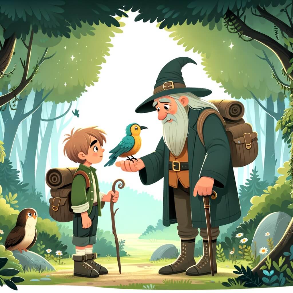 Une illustration destinée aux enfants représentant un petit aventurier, confronté à la maladie de son grand-père, avec l'aide précieuse d'un oiseau, dans un village entouré d'un magnifique et mystérieux bosquet verdoyant.