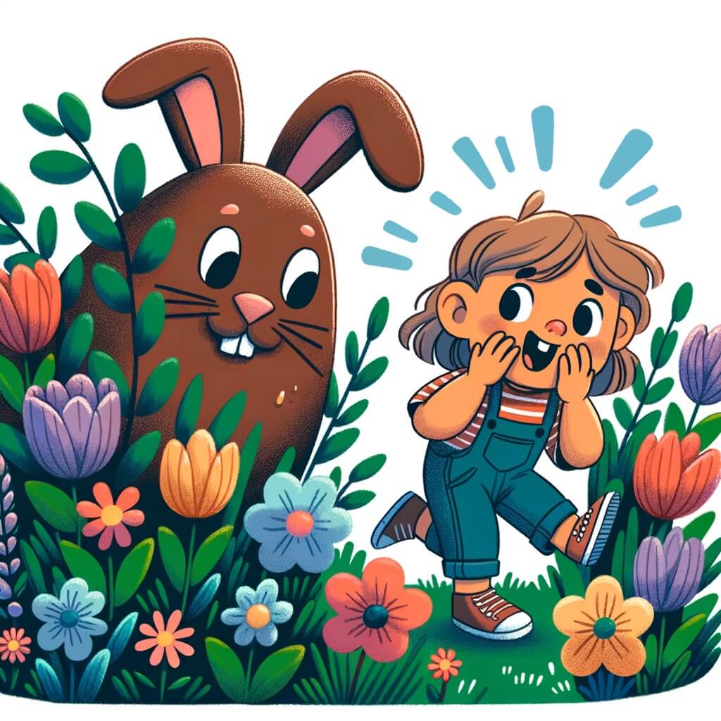 Une illustration destinée aux enfants représentant une niña pequeña, pleine d'excitation, découvrant un mystérieux conejo de chocolate géant caché parmi les fleurs colorées de son jardin, juste avant la Pascua.