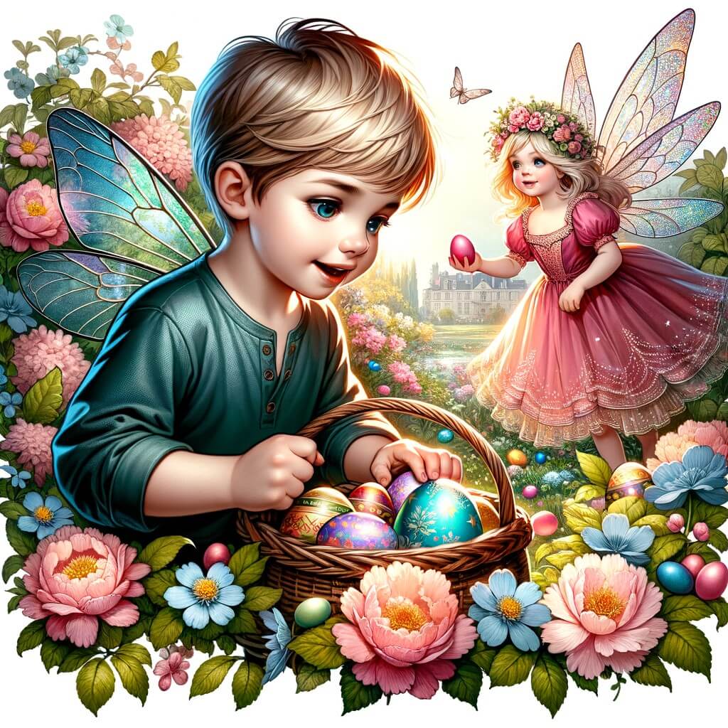 Une illustration destinée aux enfants représentant un jeune garçon, les yeux remplis d'émerveillement, à la recherche des œufs de Pâques dans un magnifique jardin fleuri, accompagné d'une fée en robe rose et d'ailes scintillantes, qui l'aide dans sa quête.