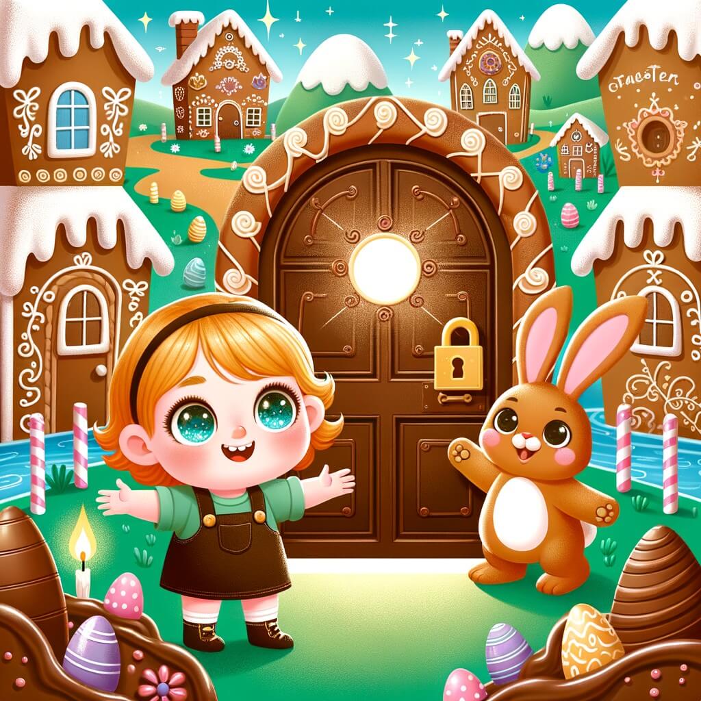 Une illustration destinée aux enfants représentant un petit enfant aux yeux brillants, debout devant une mystérieuse porte en chocolat, accompagné d'un joyeux lapin de Pâques, dans un village enchanteur rempli de maisons en pain d'épice et de rivières de caramel.