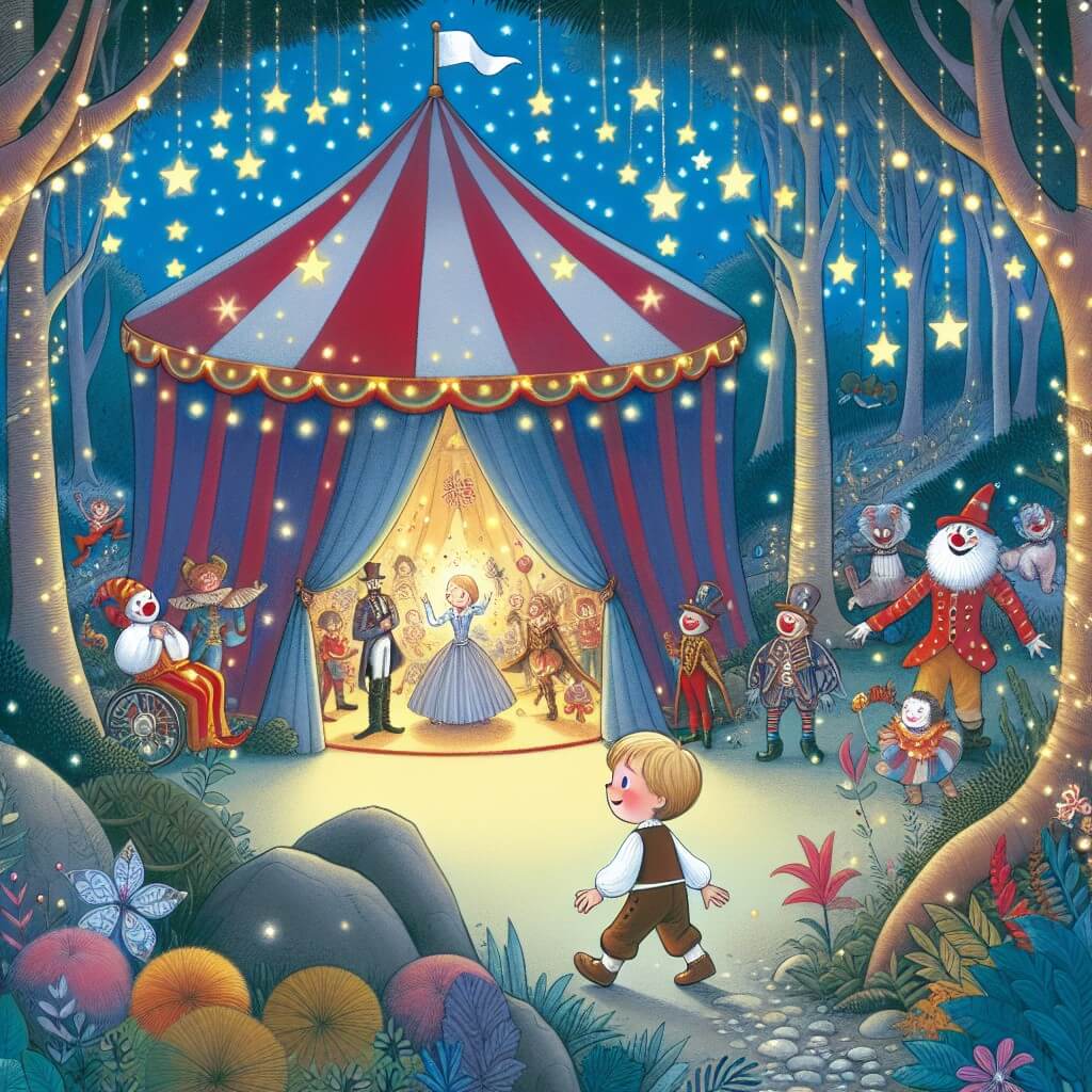Une illustration destinée aux enfants représentant un petit garçon passionné par le cirque, découvrant un cirque magique caché au cœur d'une forêt enchantée, où il rencontre un jongleur talentueux, entouré de clowns, acrobates et autres artistes, sous un chapiteau coloré orné d'étoiles scintillantes.