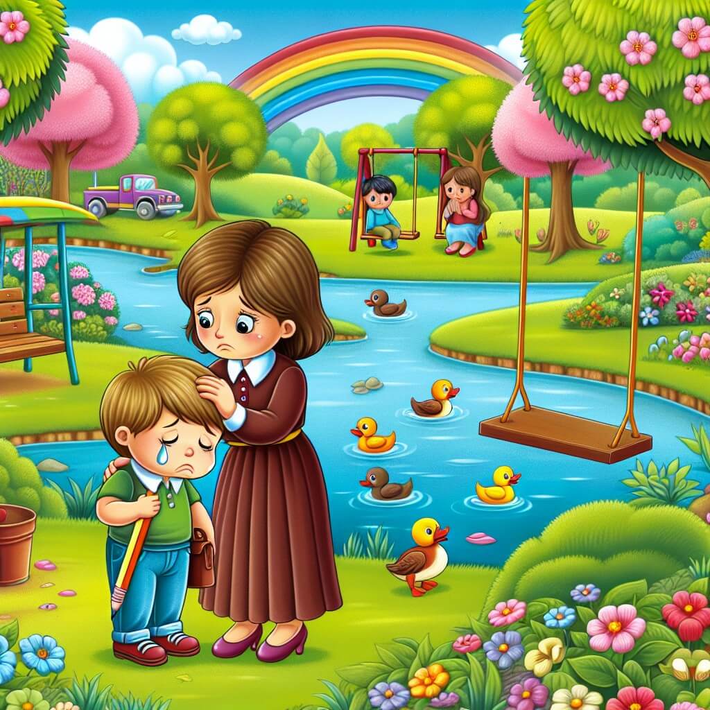 Une illustration destinée aux enfants représentant un petit garçon triste, confronté à la perte de son précieux crayon, accompagné de sa maman, dans un paisible parc verdoyant avec des arbres en fleurs, des balançoires colorées et un étang où nagent des canards joyeux.