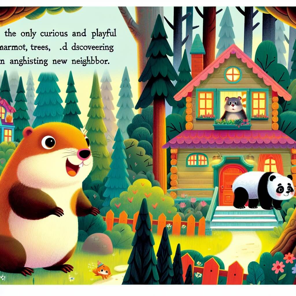 Une illustration destinée aux enfants représentant une marmotte curieuse et espiègle, vivant dans un magnifique bosquet entouré d'arbres majestueux, découvrant un nouveau voisin étonnant, un panda habillé avec élégance, dans une maison colorée et chaleureuse.